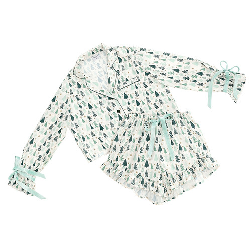 Cropped + Ruffled Short PJ Set with Velvet Ties - Ivory + Green Trees