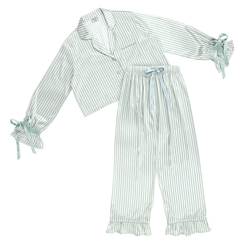 Cropped Ruffled Top + Ruffled Pant PJ Set with Velvet Ties - Ivory + Sage Green