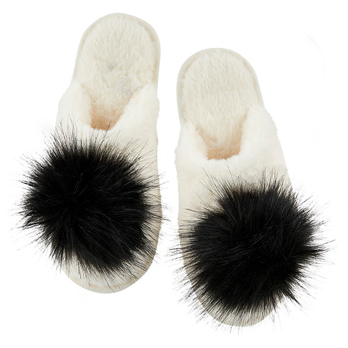 Plush Pom Pom Slippers - Ivory + Black Pom Pom 
