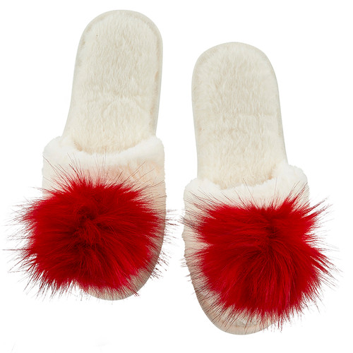 Plush Pom Pom Slippers - Ivory + Red Pom Pom 