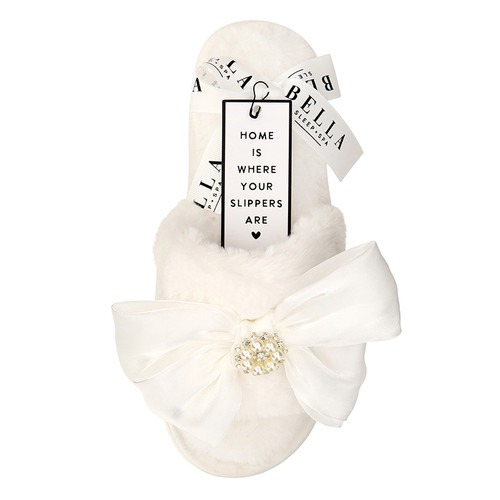 Plush Slippers - White + White Crystal Bow