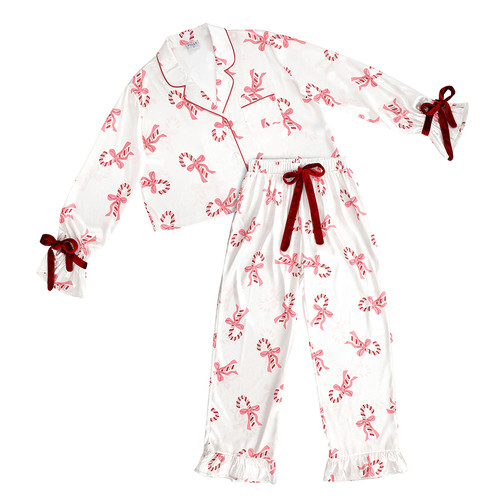 Cropped Ruffled Top + Ruffled Pant PJ Set with Velvet Ties - Ivory + Candy Canes