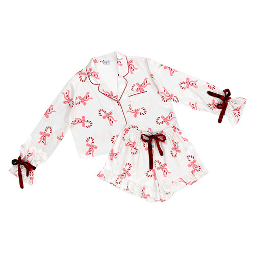 Cropped Ruffled Top + Ruffled Short PJ Set With Velvet Ties - Ivory + Candy Canes