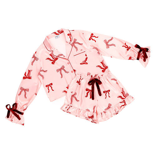 Cropped Ruffled Top + Ruffled Short PJ Set With Velvet Ties - Blush + Striped Bows