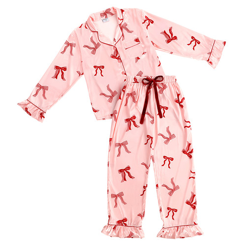 Full-Length Ruffle PJ Set With Velvet Tie - Blush + Striped Bows