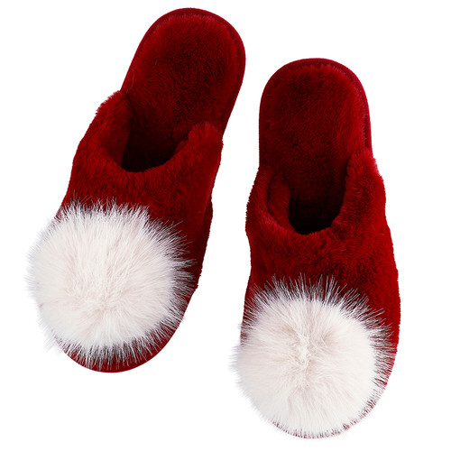Plush Pom Pom Slippers -Burgundy + Beige Pom Pom 