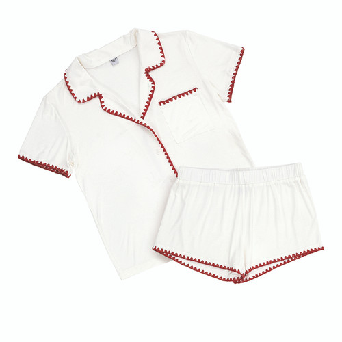 Short Bamboo PJ Set - White + Burgundy Whip Stitch