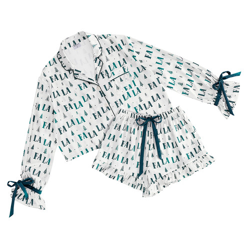 Cropped Ruffled Top + Ruffled Short PJ Set With Velvet Ties - Ivory + Forest Green FALALA