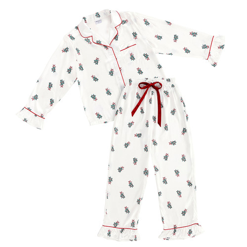 Full-Length Ruffle PJ Set With Velvet Tie - White + Mistletoe