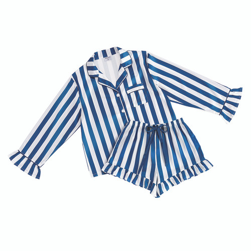 Long Sleeve Ruffle Top + Ruffle Short PJ Set With Velvet Tie - White + Ocean Blue Cabana Stripe