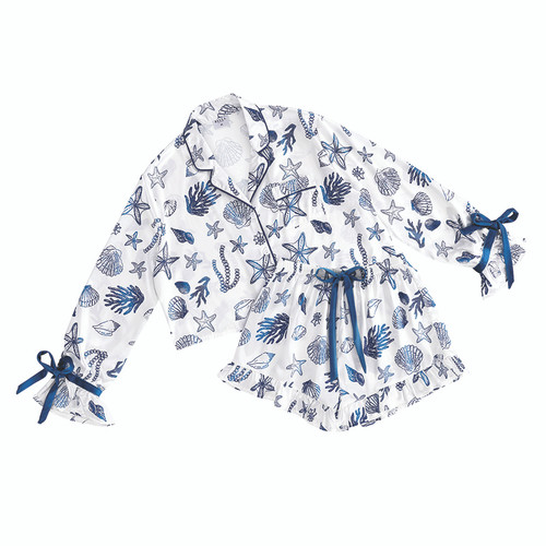 Cropped Ruffled Top + Ruffled Shorts with Velvet Ties PJ Set - White + Ocean Blue Shells