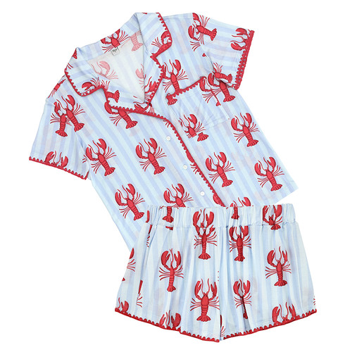Bamboo Short Sleeve Top + Square Short PJ Set with Whip Stitch - Blue Stripes + Lobsters