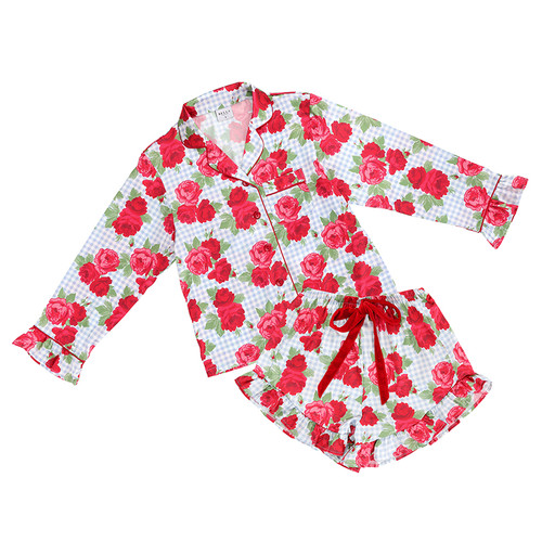 Long Sleeve Ruffled Top + Ruffled Short PJ Set with Velvet Tie - Blue Gingham + Red Roses