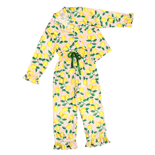 Long Sleeve Ruffled Top + Ruffled Pant with Velvet Tie - Pink Stripe + Lemons