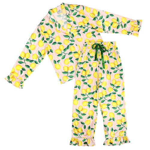 Full-Length Ruffled PJ Set with Velvet Tie - Pink Stripes + Lemons