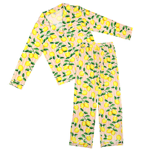 Full-Length Bamboo PJ Set - Pink Stripes + Lemons