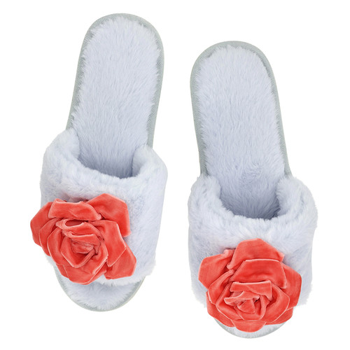 Plush Velvet Rosette Slippers - Blue + Coral Velvet Rosette 