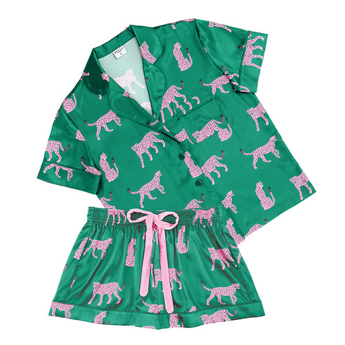 Short Sleeve Top + Square Short PJ Set with Velvet Tie - Green + Cheetahs