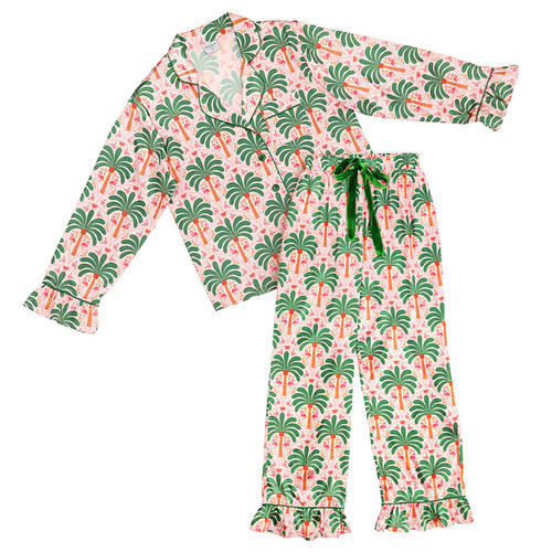 Full-Length Ruffled PJ Set with Velvet Tie - Pink + Palm Beach