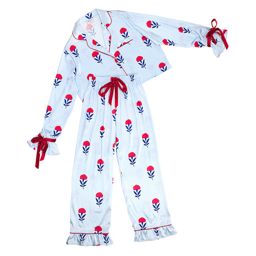 Long Sleeve Ruffled Top + Ruffled Pant with Velvet Tie - Red, White + Blue Carnations