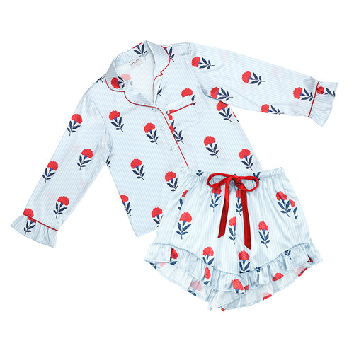 Long Sleeve Cropped Ruffled Top + Ruffled Short with Velvet Tie - Red, White + Blue Carnations