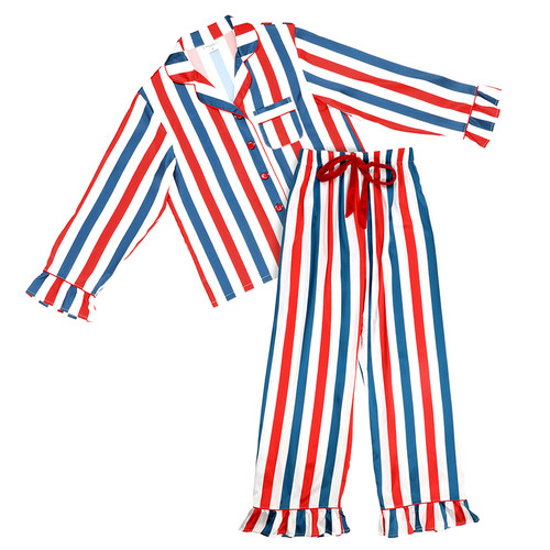 Full-Length Ruffled PJ Set with Velvet Tie - Red, White + Blue Stripe