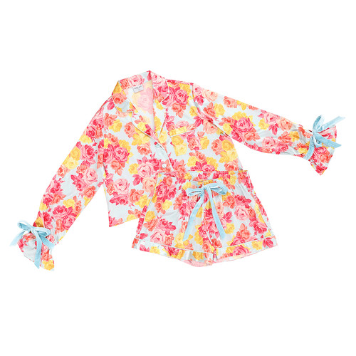 Long Sleeve Cropped Ruffled Top + Ruffled Short with Velvet Tie - Blue + Roses