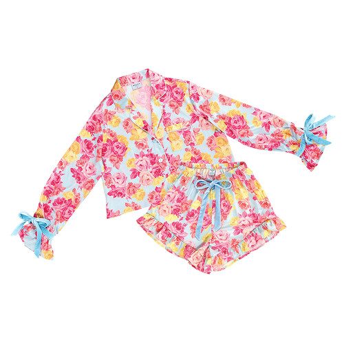 Long Sleeve Cropped Ruffled Top + Ruffled Short PJ Set with Velvet Ties - Blue + Rose Floral