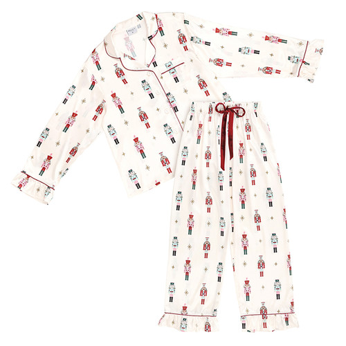 Full-Length Ruffled PJ Set with Velvet Tie - Ivory + Nutcrackers 