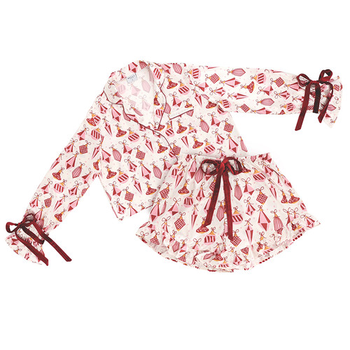 Cropped + Ruffled Short PJ Set with Velvet Ties - Ivory + Ornaments