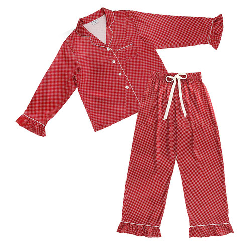 Full-Length Ruffled PJ Set with Velvet Tie - Red + Pink Pin Dots