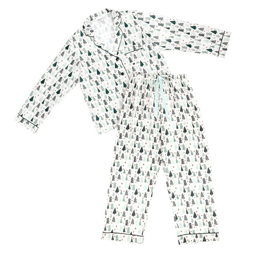 Full-Length PJ Set with Velvet Tie - Ivory + Green Trees 
