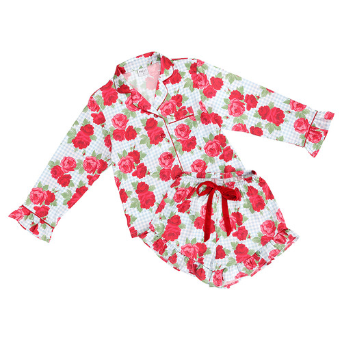 Long Sleeve Ruffled Top + Ruffled Short PJ Set with Velvet Tie - Blue Gingham + Red Roses