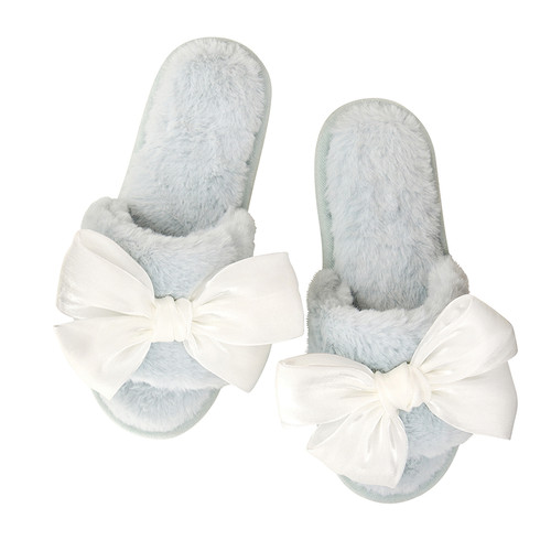 Plush Satin Bow Slippers - Spa Blue + White Bow 
