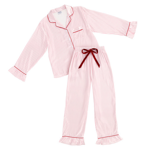 Full-Length Ruffled PJ Set With Velvet Tie - White + Light Pink Stripes