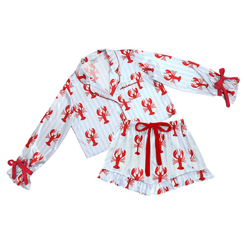 Long Sleeve Cropped Ruffled Top + Ruffled Short PJ Set with Velvet Ties - Blue Stripes + Lobsters