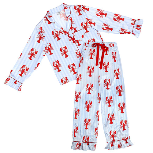 Full-Length Ruffled PJ Set with Velvet Tie - Blue Stripes + Lobsters