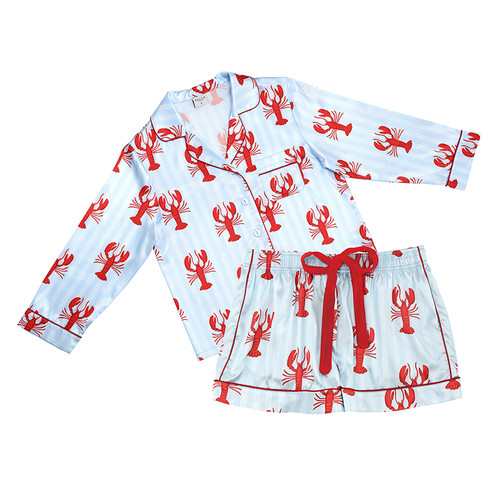 Long Sleeve Top + Square Short PJ Set with Velvet Tie - Blue Stripes + Lobsters