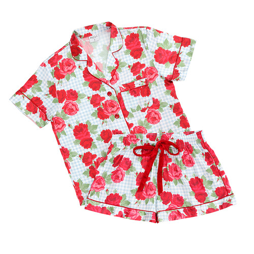 Short Sleeve Top + Square Short PJ Set with Velvet Tie - Blue Gingham + Red Roses