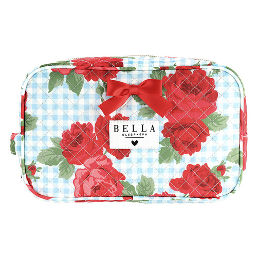 Quilted Cosmetic Bag - Blue Gingham + Red Roses