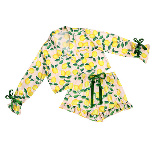 Long Sleeve Cropped Ruffled Top + Ruffled Short PJ Set with Velvet Ties - Pink Stripes + Lemons