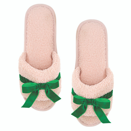 Teddy Velvet Bow Slippers - Light Pink + Green Velvet Bow 