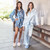 Full-Length Ruffle PJ Set With Velvet Tie - White + Spa Blue Cabana Stripe