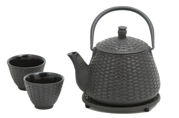 Black Bamboo Basket Cast Iron Tea Set