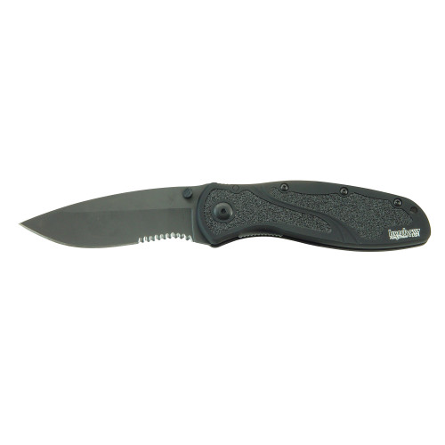 Kershaw 1670 Blur  3.375" Assisted Folding Knife, Drop Point, Combo Edge, 14C28N/Stone Washed, Black Aluminum, Thumb Stud/Pocket Clip