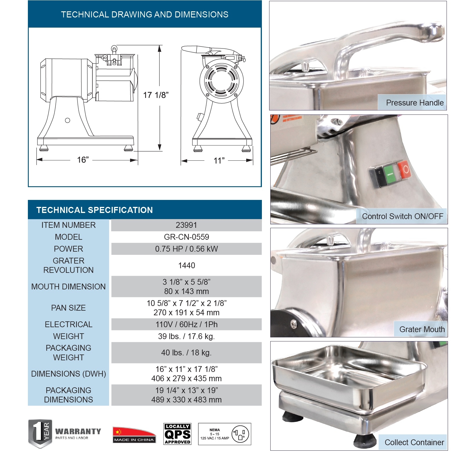 Omcan GR-CN-0559 - Medium Duty Cheese Grater - 0.75 HP