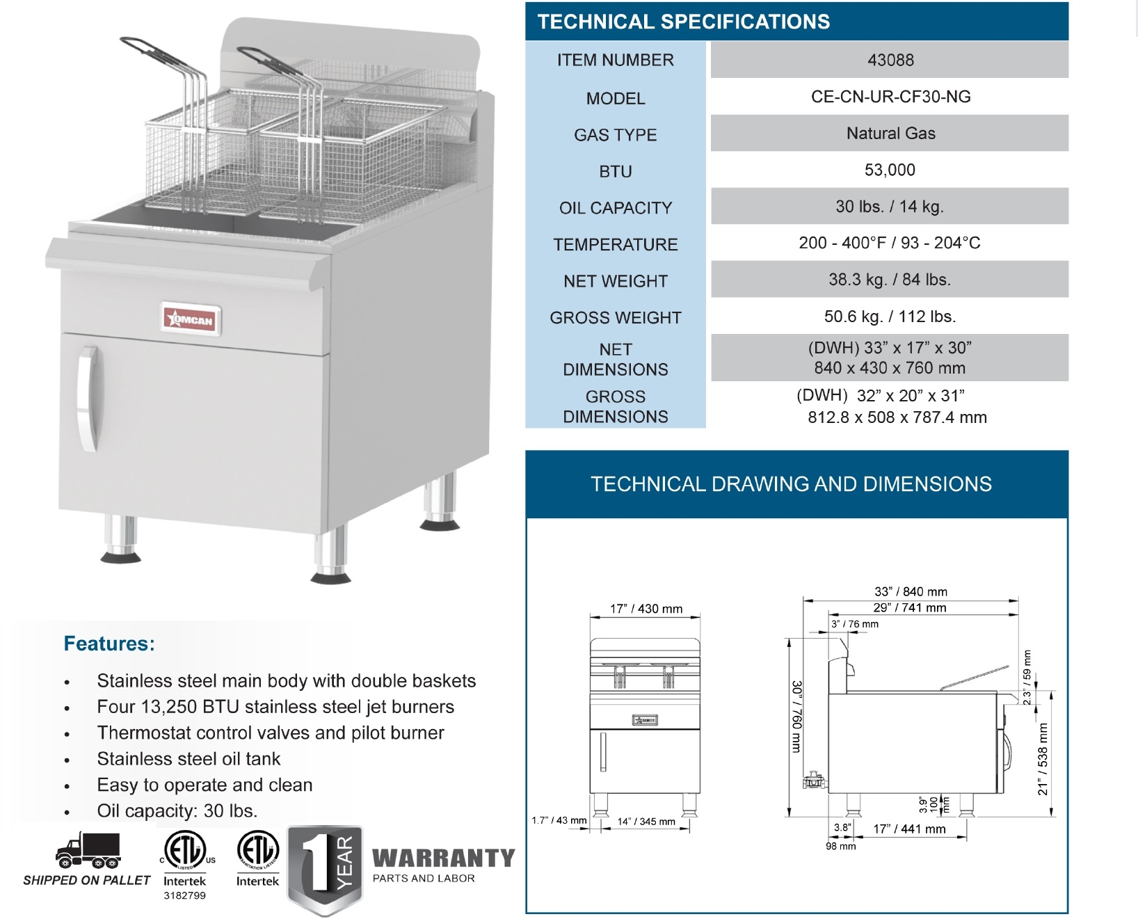 Omcan 30 Lb Countertop NG Deep Fryer w/ 53,000 BTUs 43088