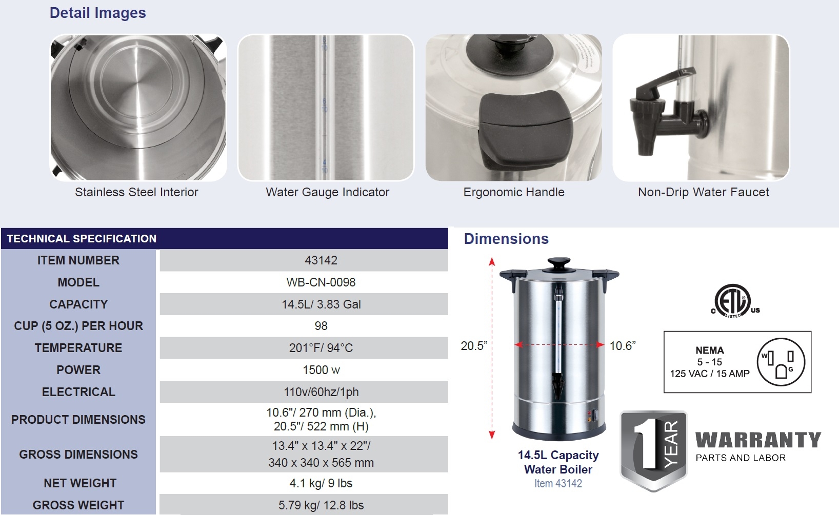 Omcan WB-CN-0098 14.5L / 3.83 gal. Water Boiler, Item 43142