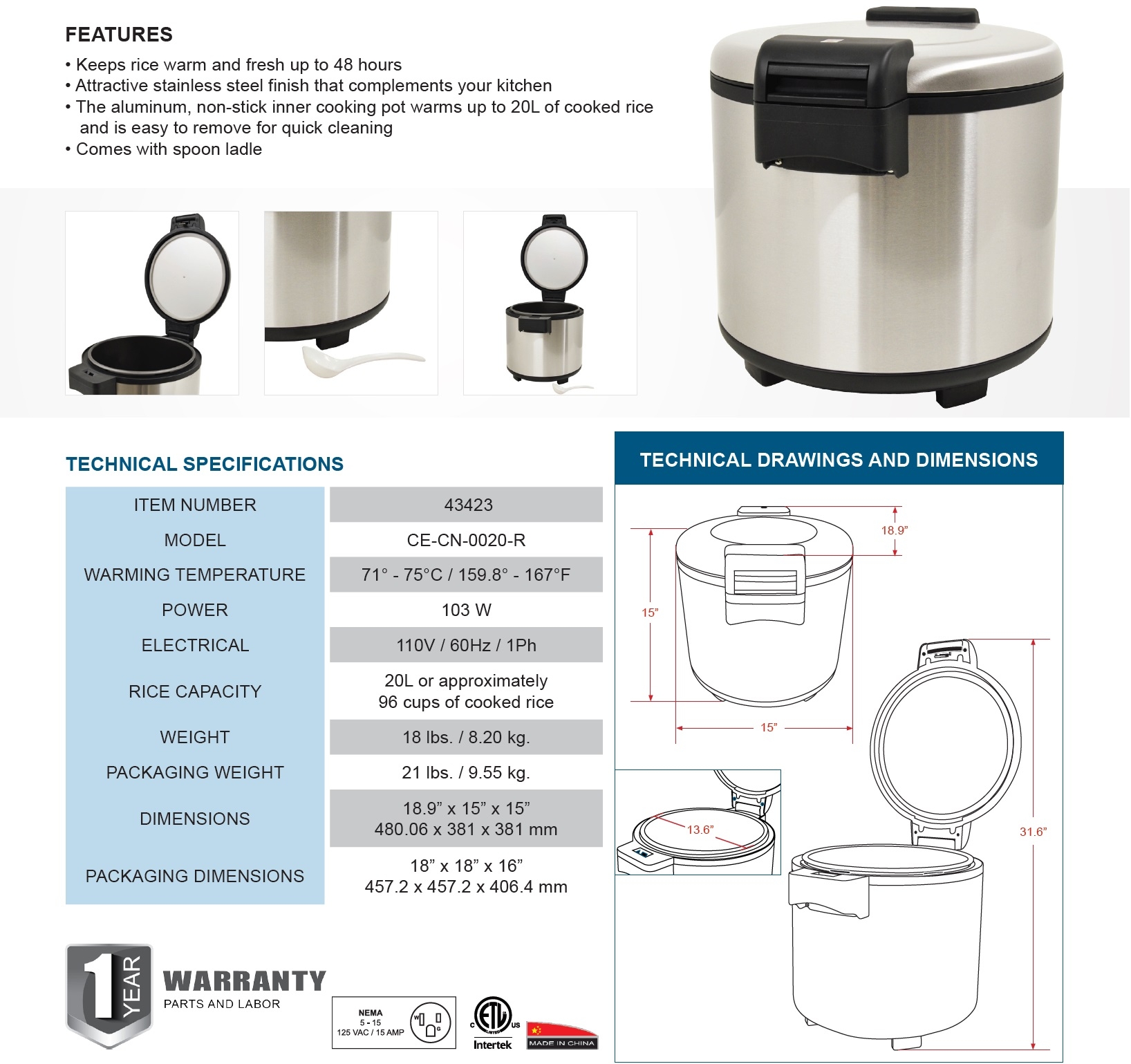 96 Cup (20 Liter) Commercial Rice Warmer Stainless Steel – 110 V, 103 W –  Omcan