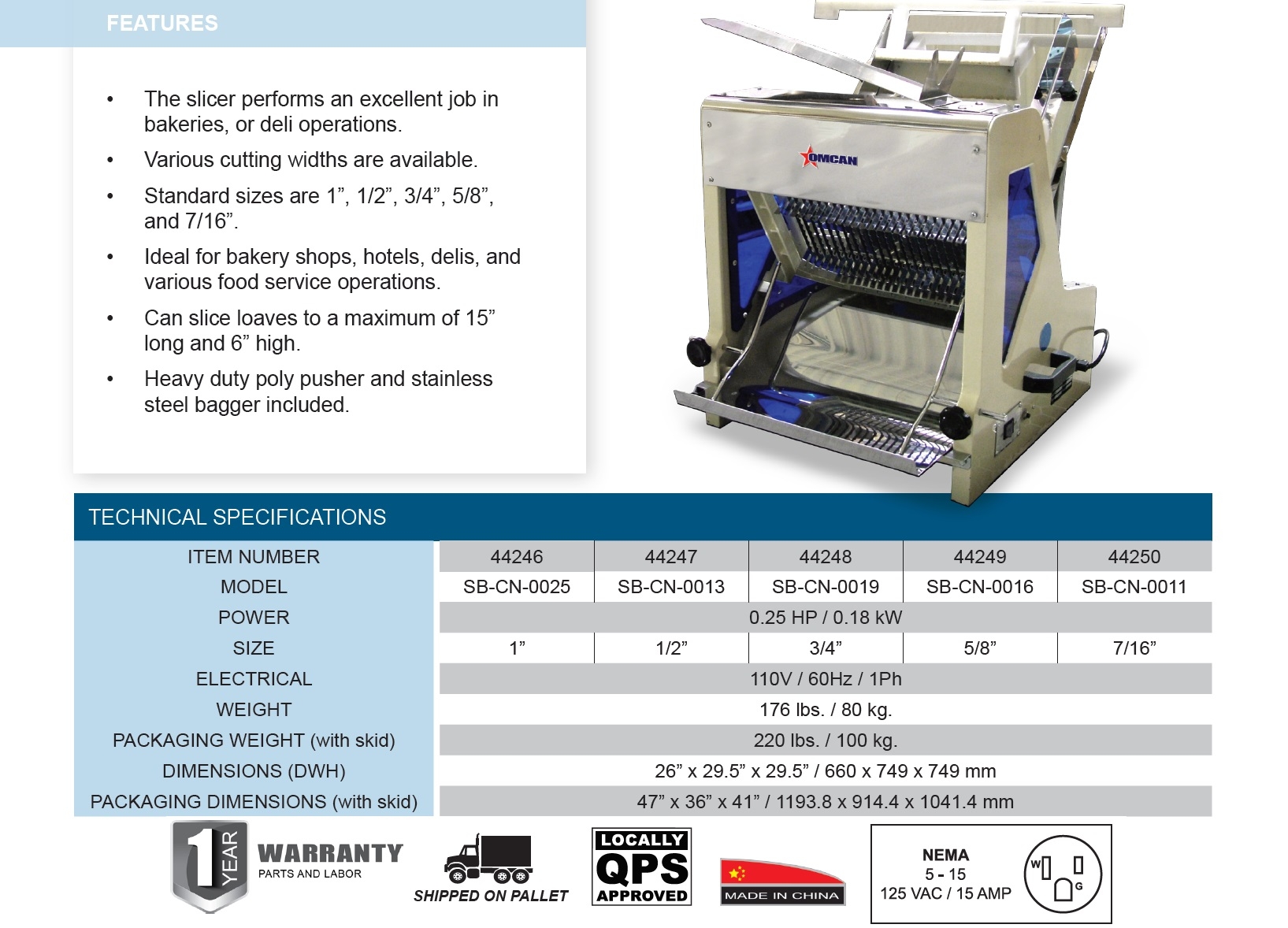 Bread Slicer with 0.5 HP Motor and 5/8″ Slice Thickness – Omcan